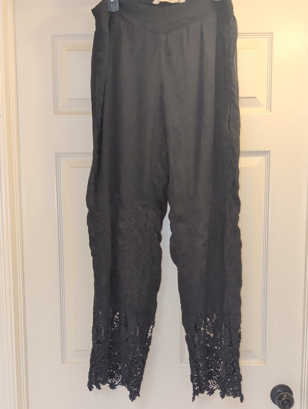 Soft Surroundings Black,Wide-Leg Pants with Lace Hem And Detailed Embroidery.